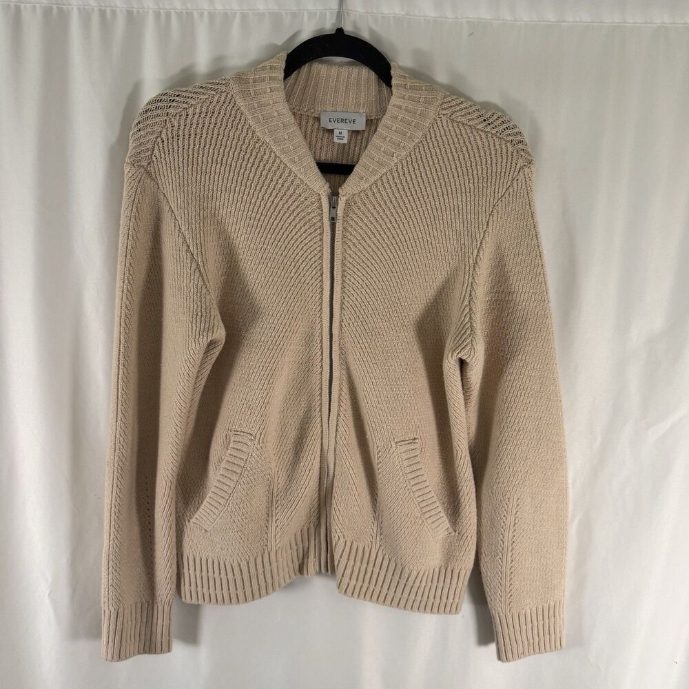 Evereve Sweater Women Medium Beige Knit Full Zip Pockets Cotton Blend Turtleneck